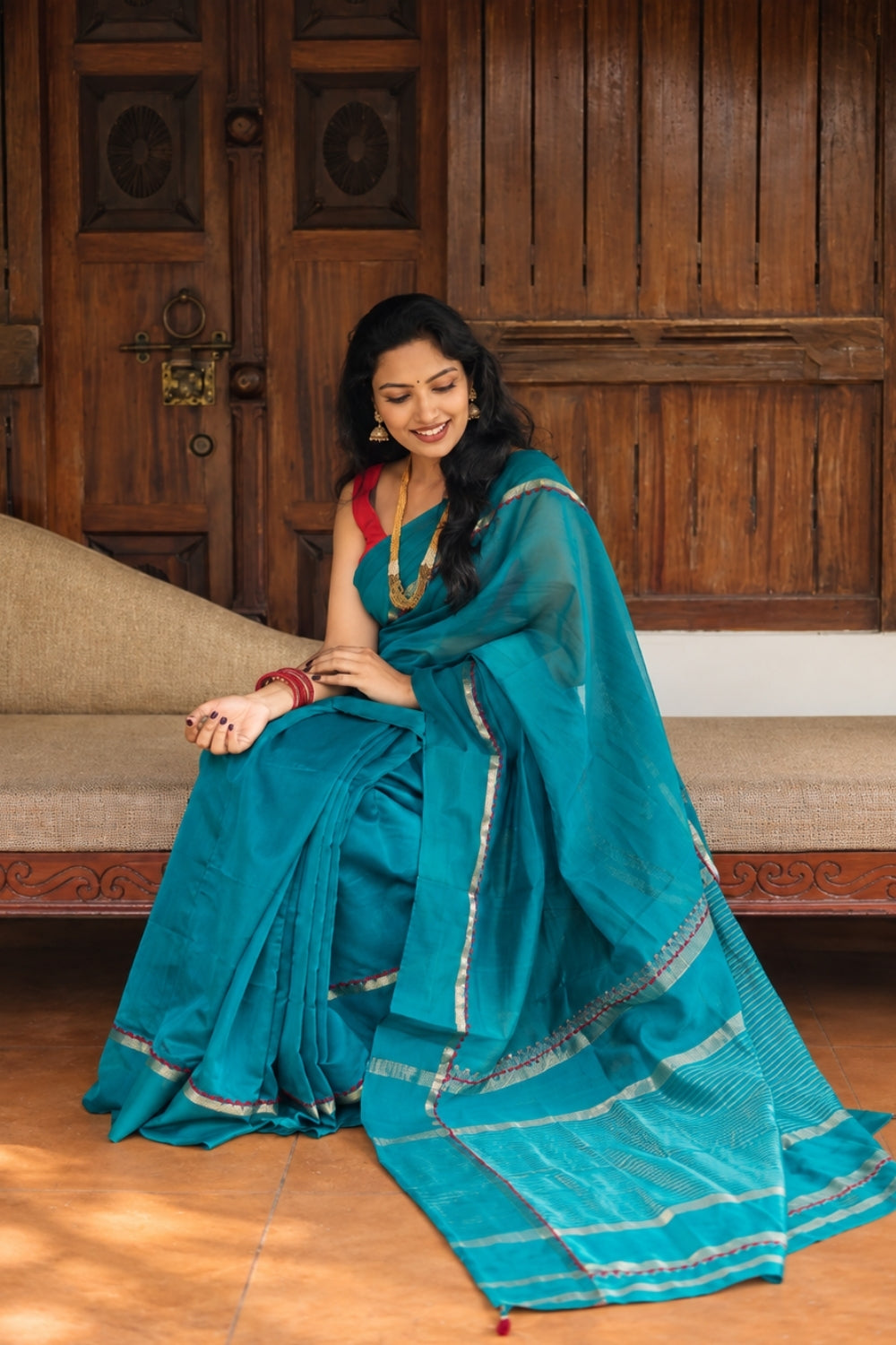 Teal Red Appliqué Maheshwari Silk Saree