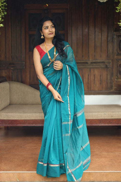 Teal Red Appliqué Maheshwari Silk Saree